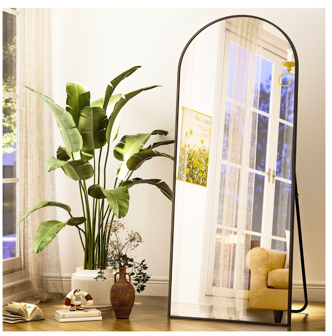 Arched Full Length Floor Mirror, 64in.x21.1in. Full Body Standing Mirror (Black)
