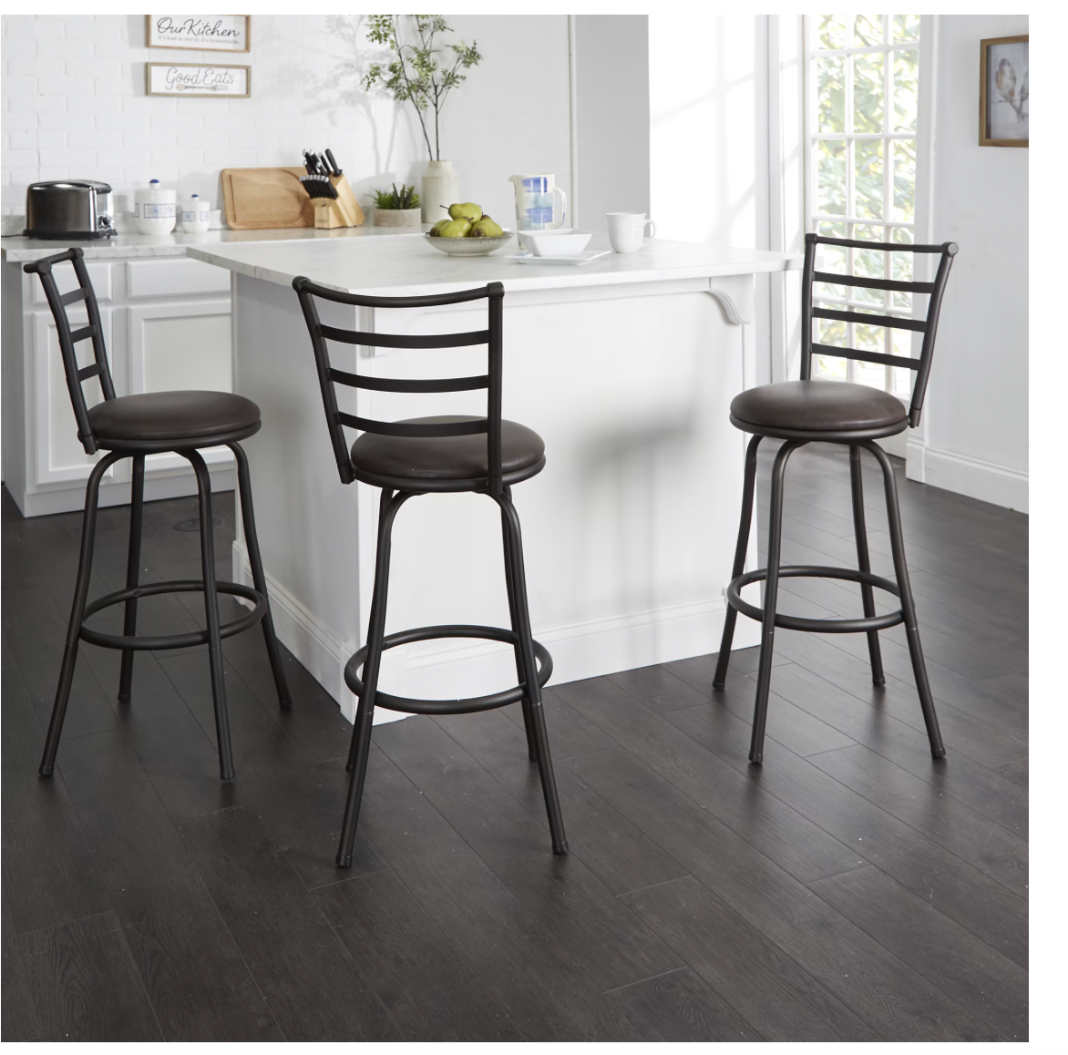 Set of 3 Adjustable-Height Indoor Swivel Barstools (Bronze Ladder Back, Espresso Vegan Leather Seat)