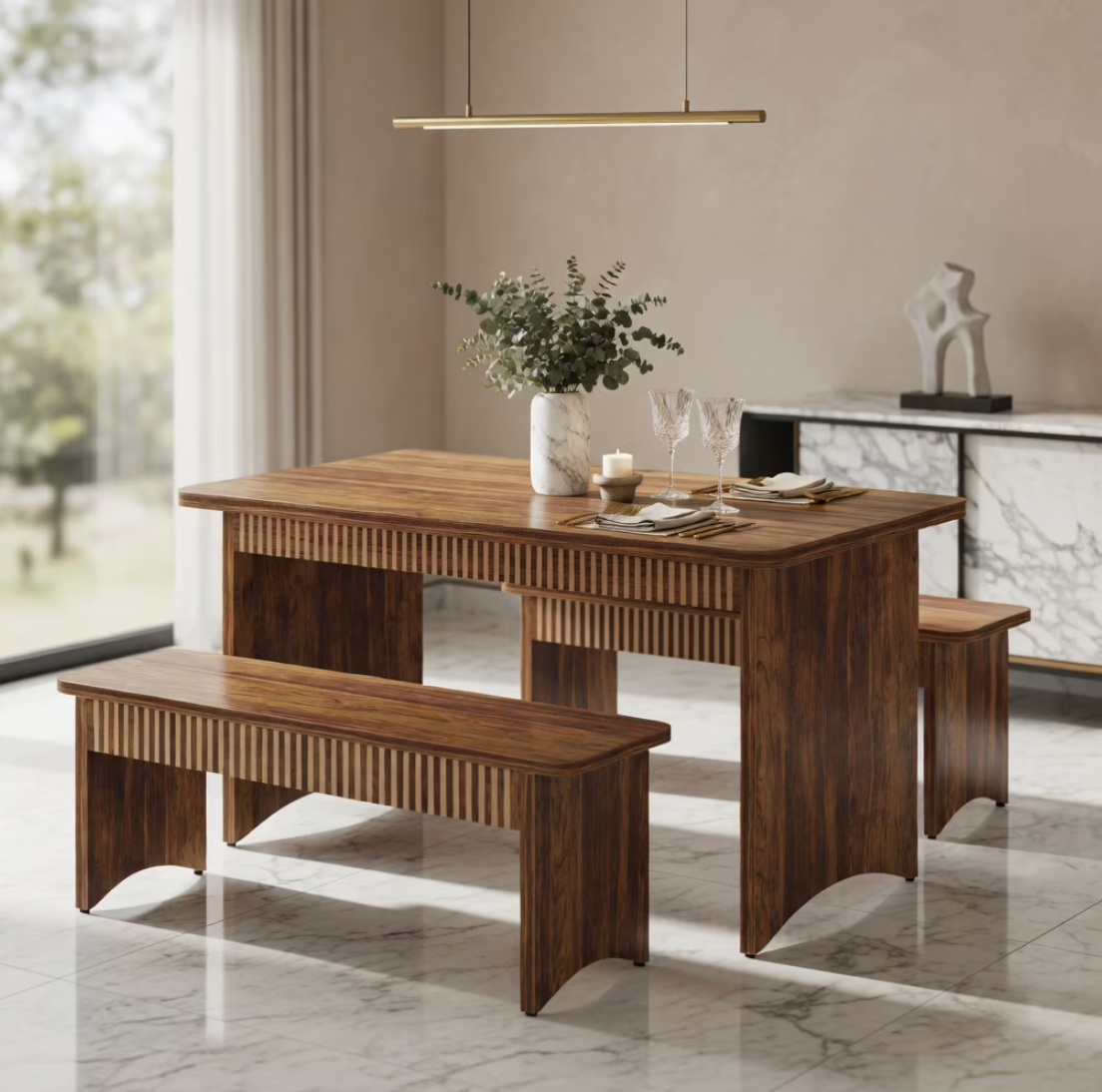 Hommoo 55 Inch Farmhouse Dining Table Set with 2 Wooden Benches