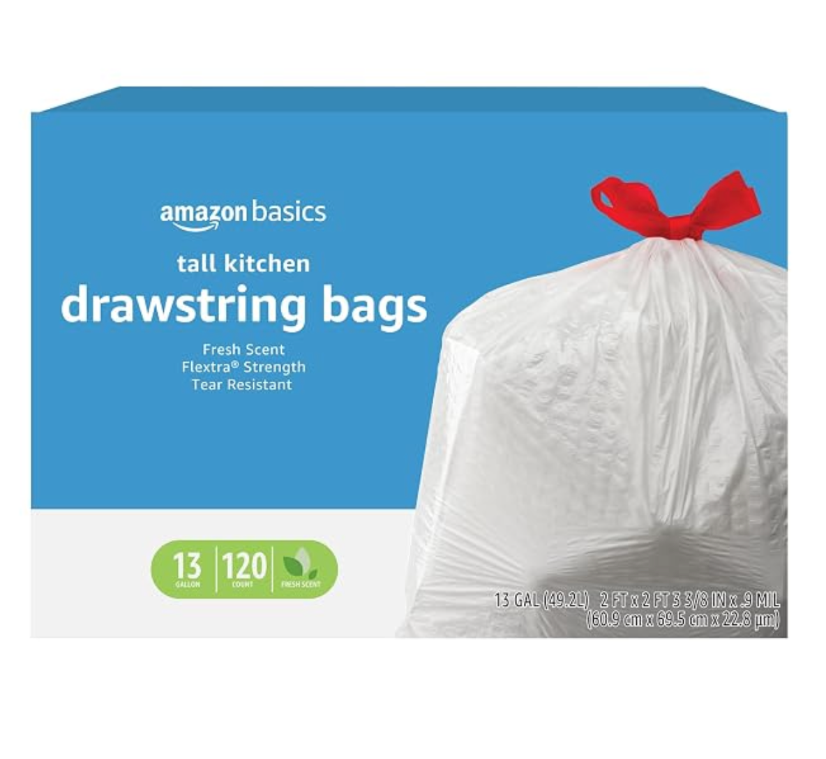 Amazon Basics Flextra Strength Tall Kitchen Drawstring Trash Bags, 13 gal, 120ct (click Subscribe & Save to take an extra 25% off)