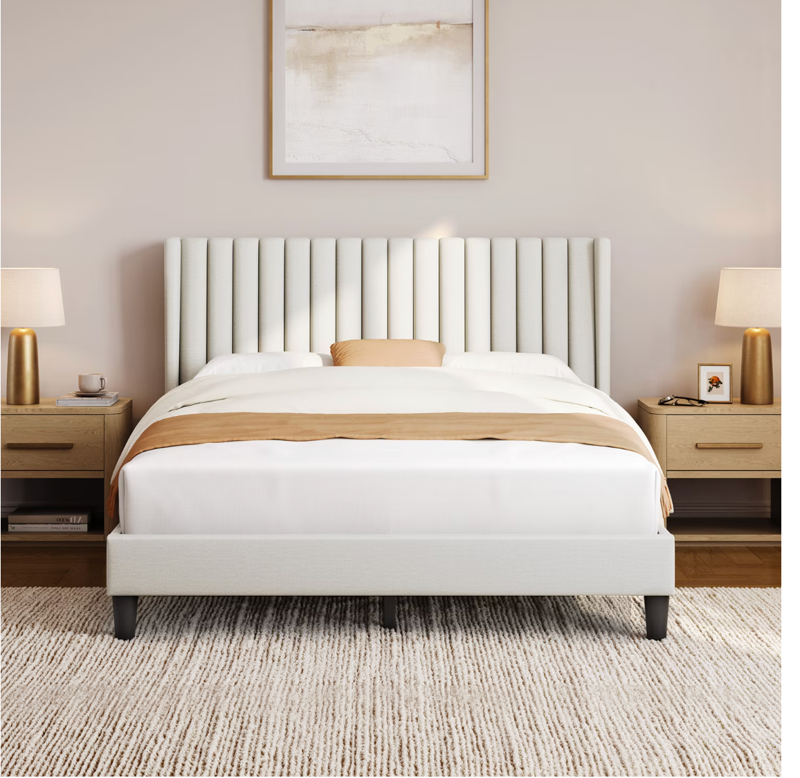 Queen Upholstered Platform Bed Frame with Channel Tufted Headboard (Ivory)